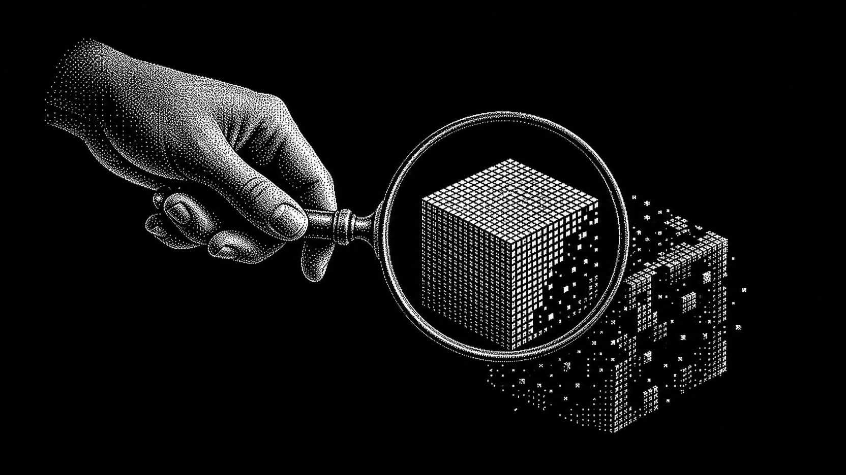 A magnifying lens reveals missing product signals becoming complete and machine-readable