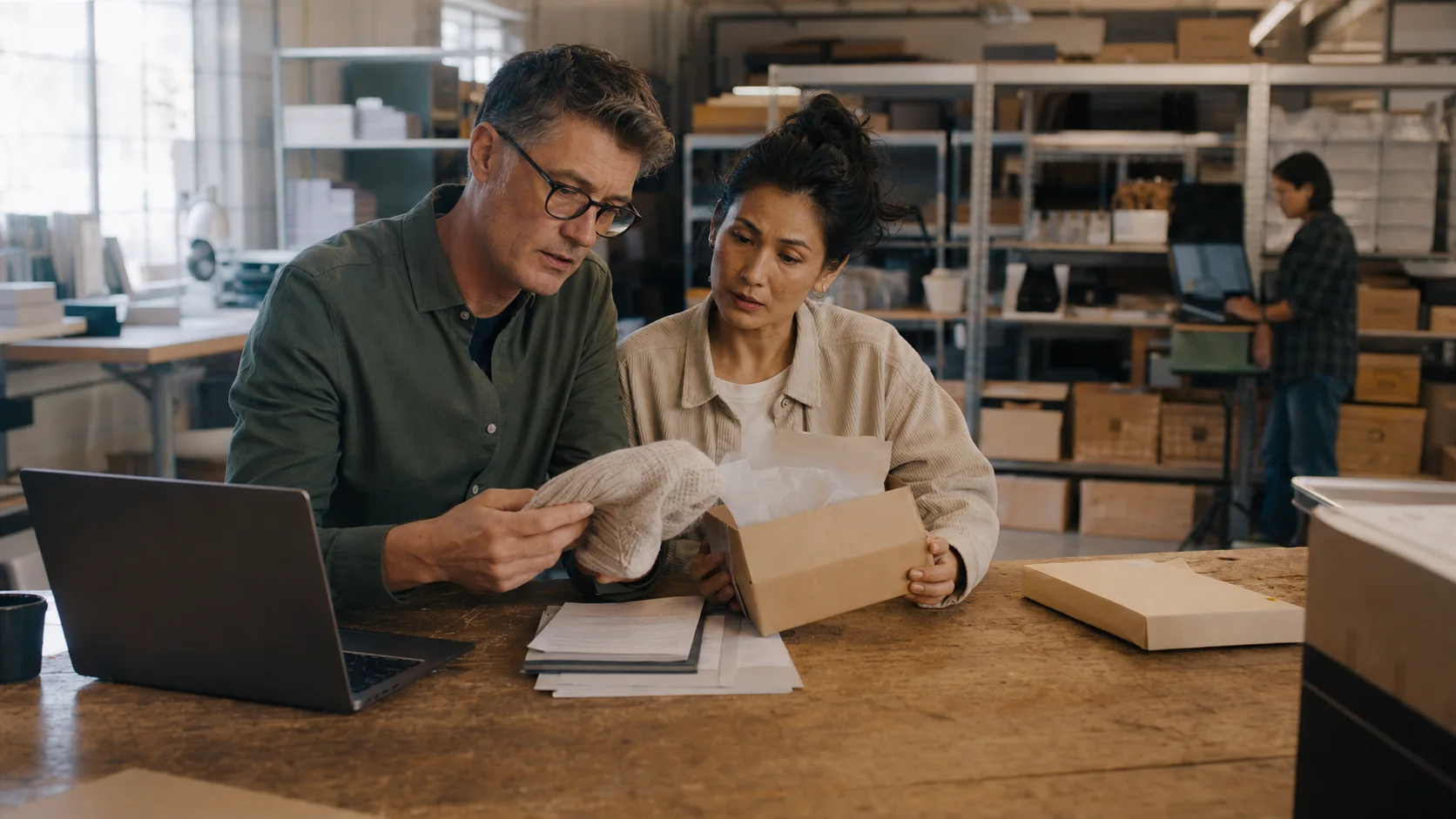 E-commerce operators comparing a returned product, its packaging and order information in a fulfilment workspace