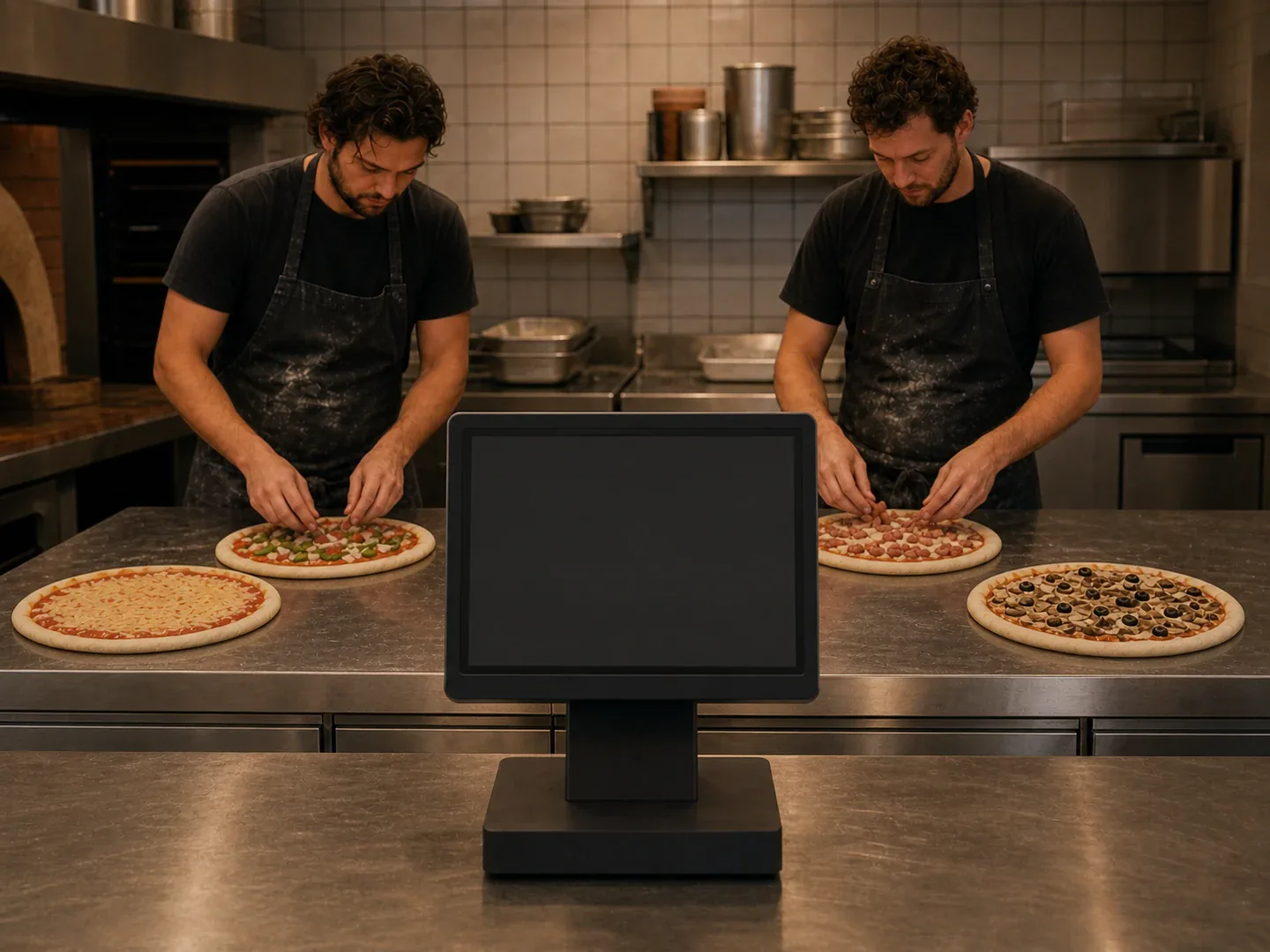 Illustration of a merchant validating and preparing a pizza order.
