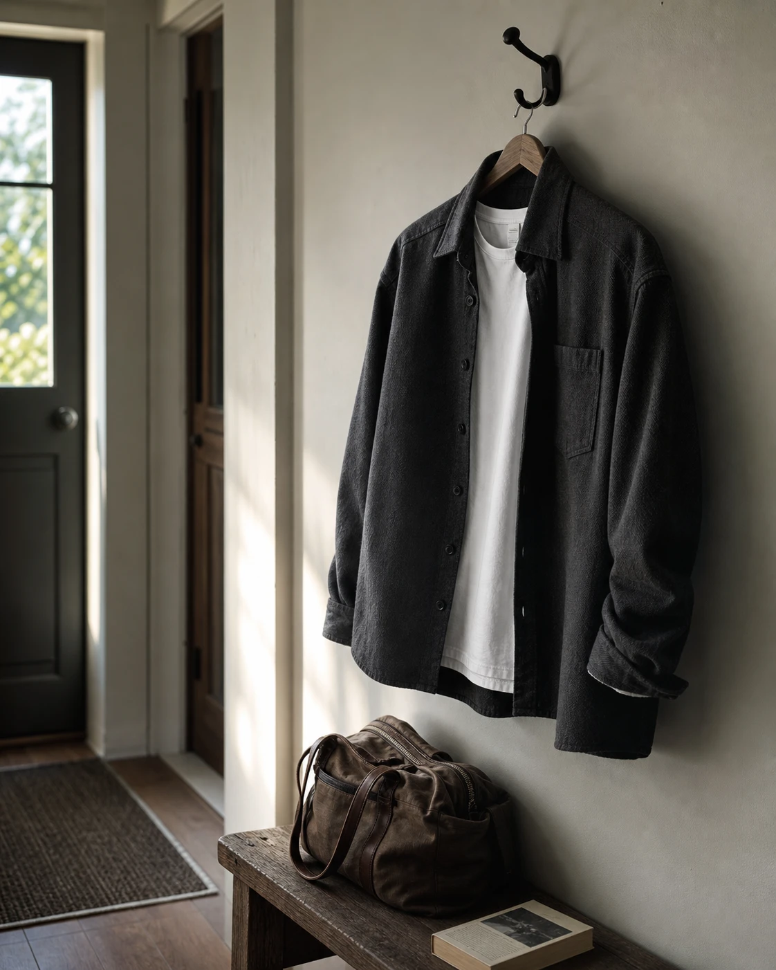A charcoal overshirt in a home hallway