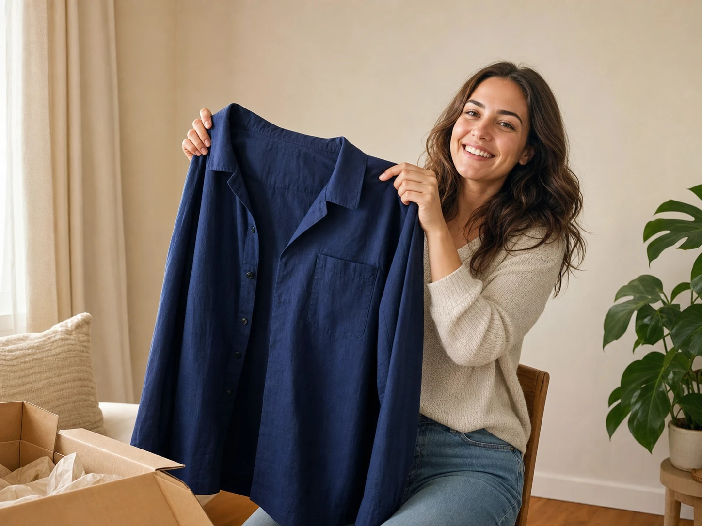 Maya excitedly sharing her new indigo overshirt