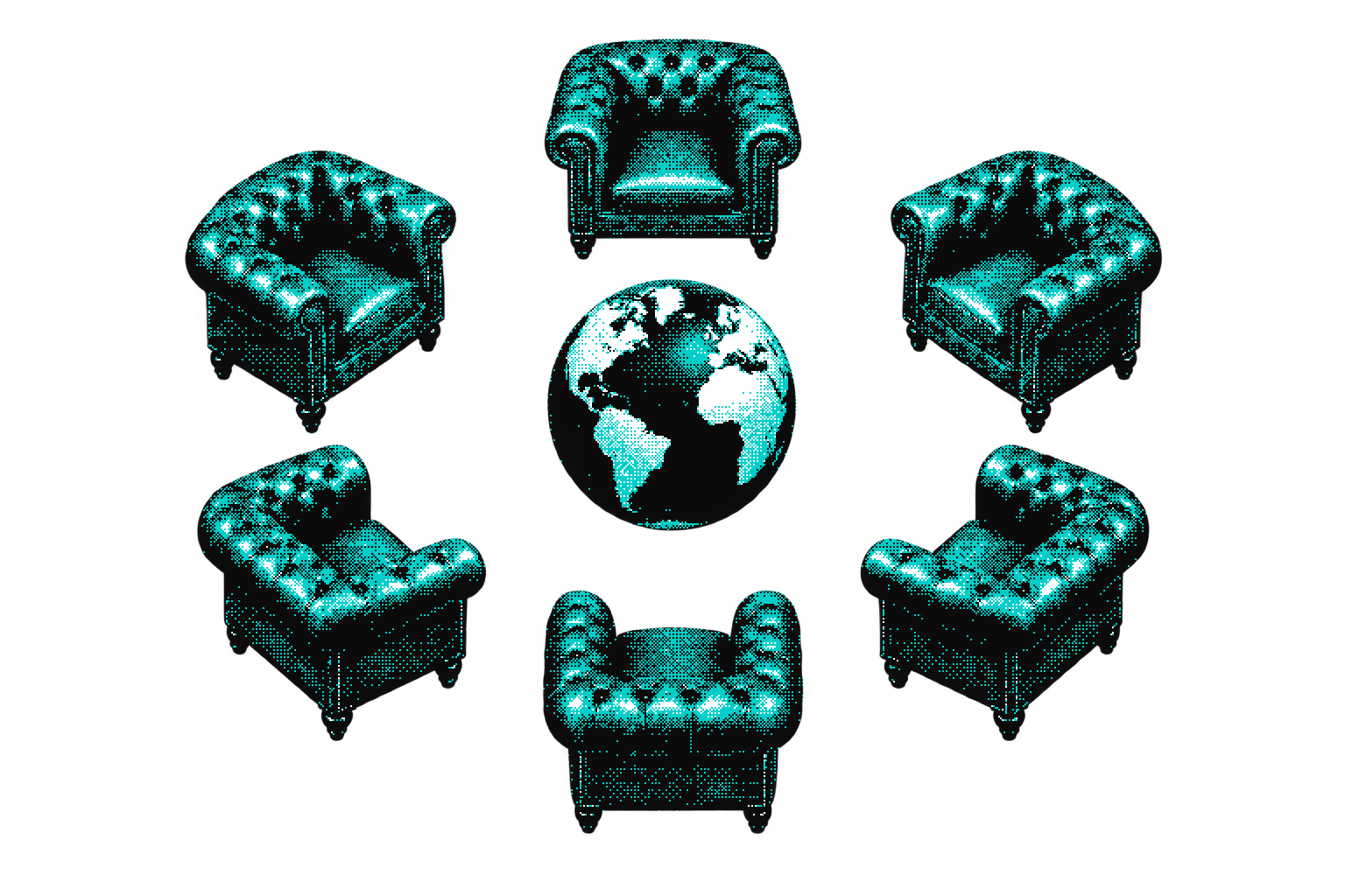 Six cyan dithered armchairs arranged around a globe