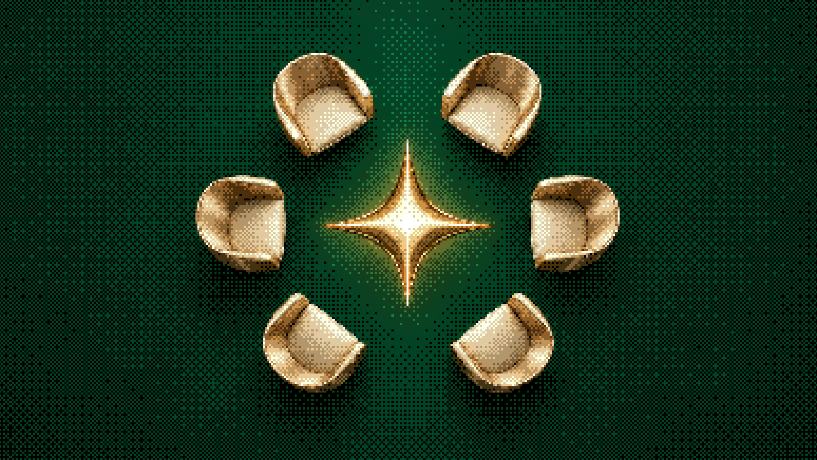 Dithered overhead illustration of six chairs arranged around a glowing central star