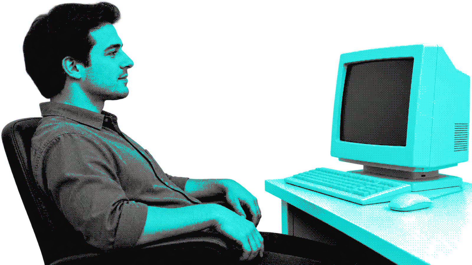 Dithered side view of a relaxed man seated beside a retro computer with a blank screen