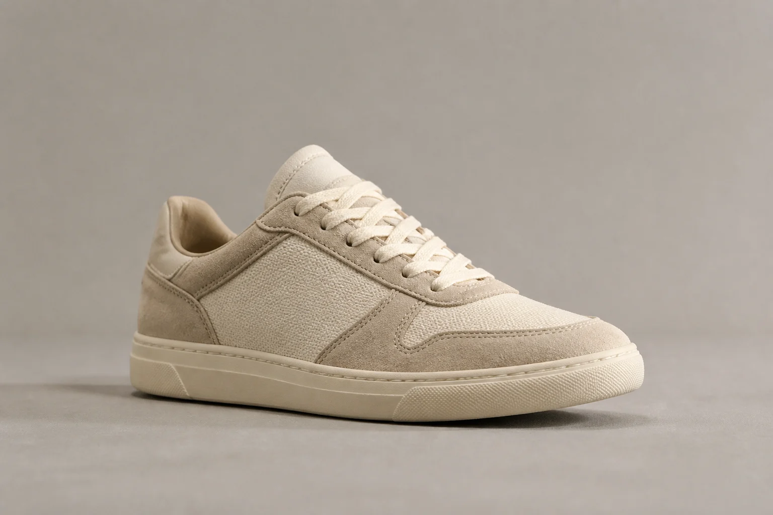 Cream low-top trainer photographed for an ecommerce catalogue