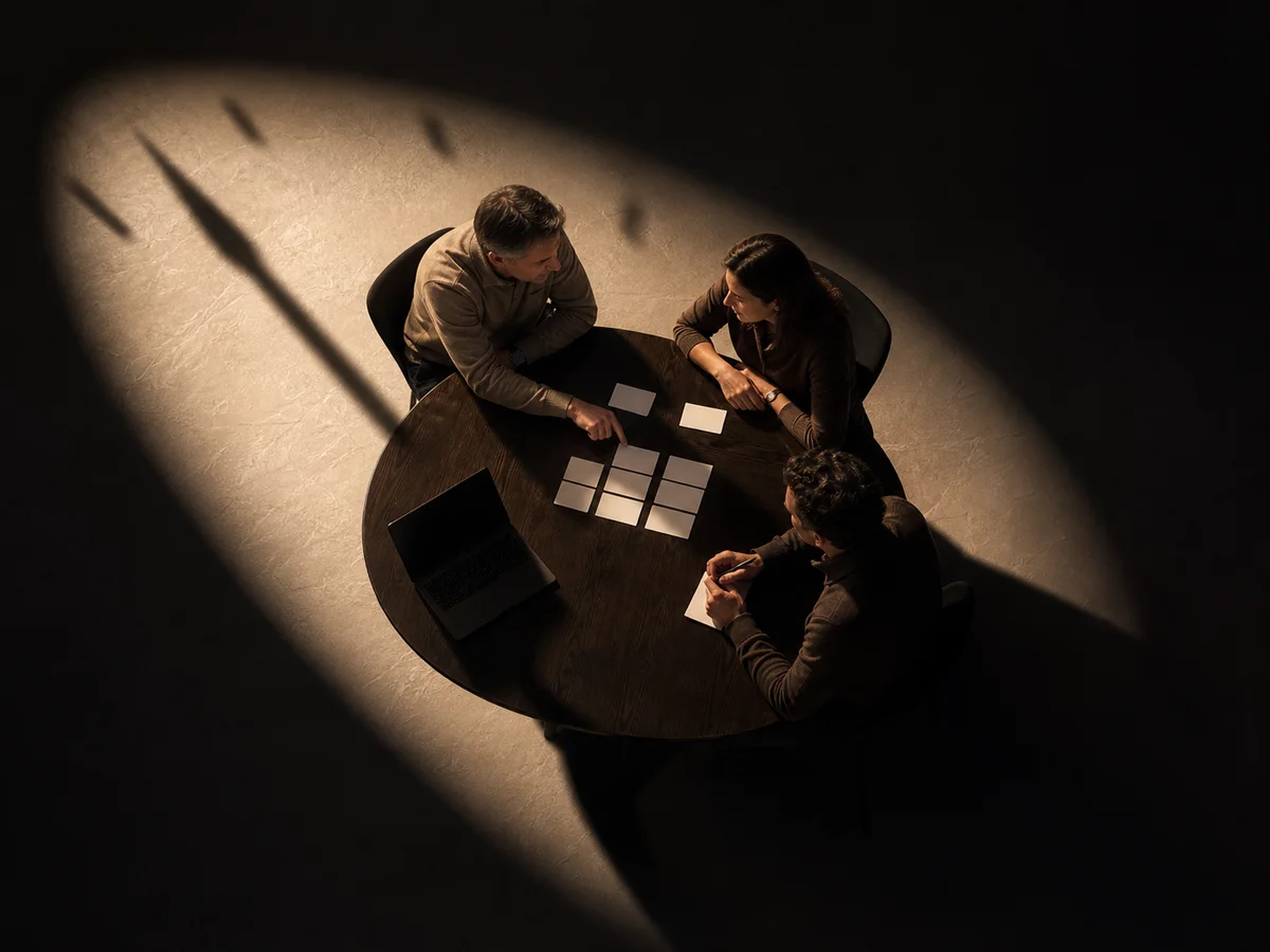 Editorial illustration of e-commerce operators comparing evidence around a circular review table