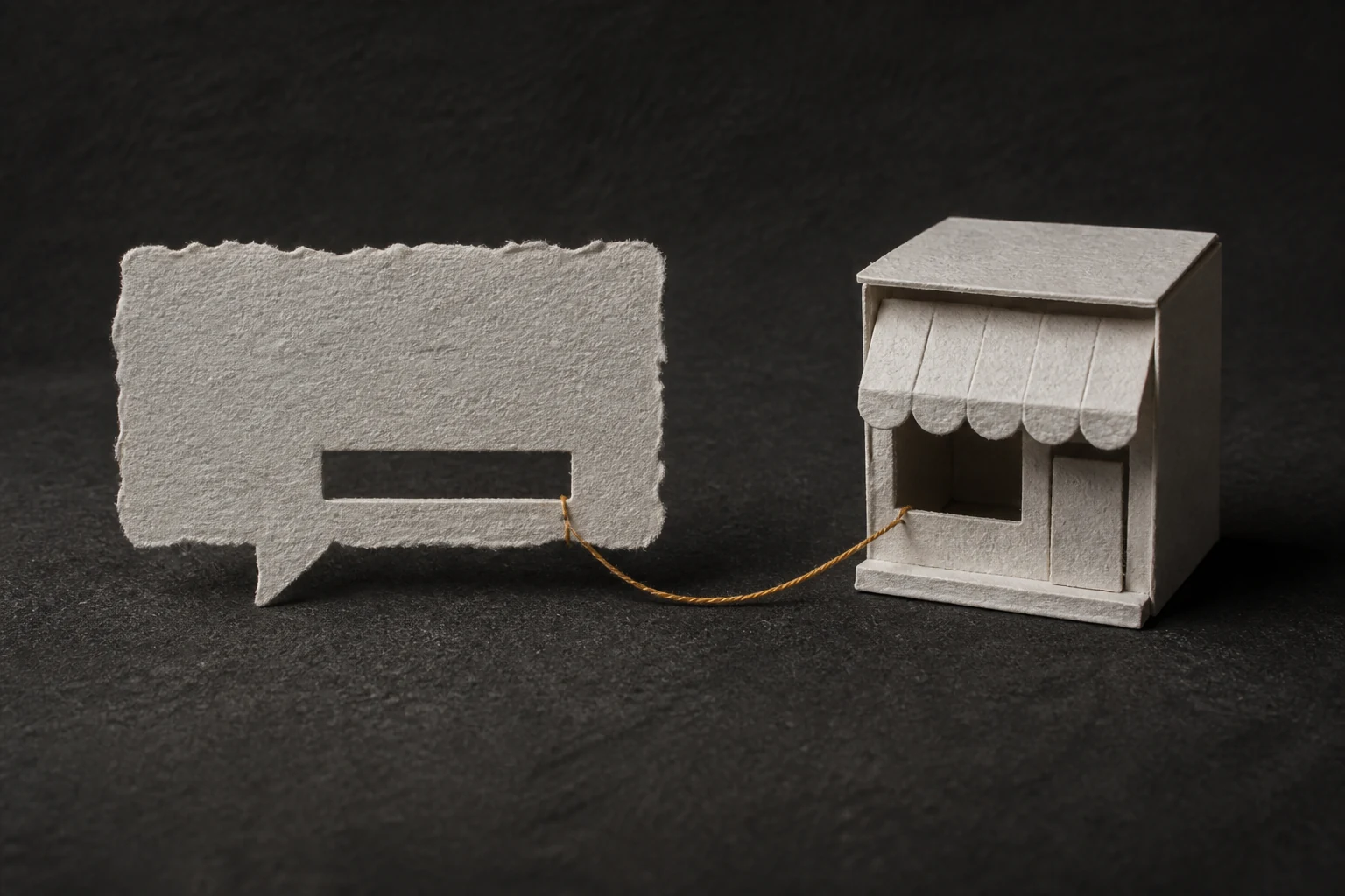 A paper speech bubble with a hole cut in it, connected by an amber thread to a paper shopfront.
