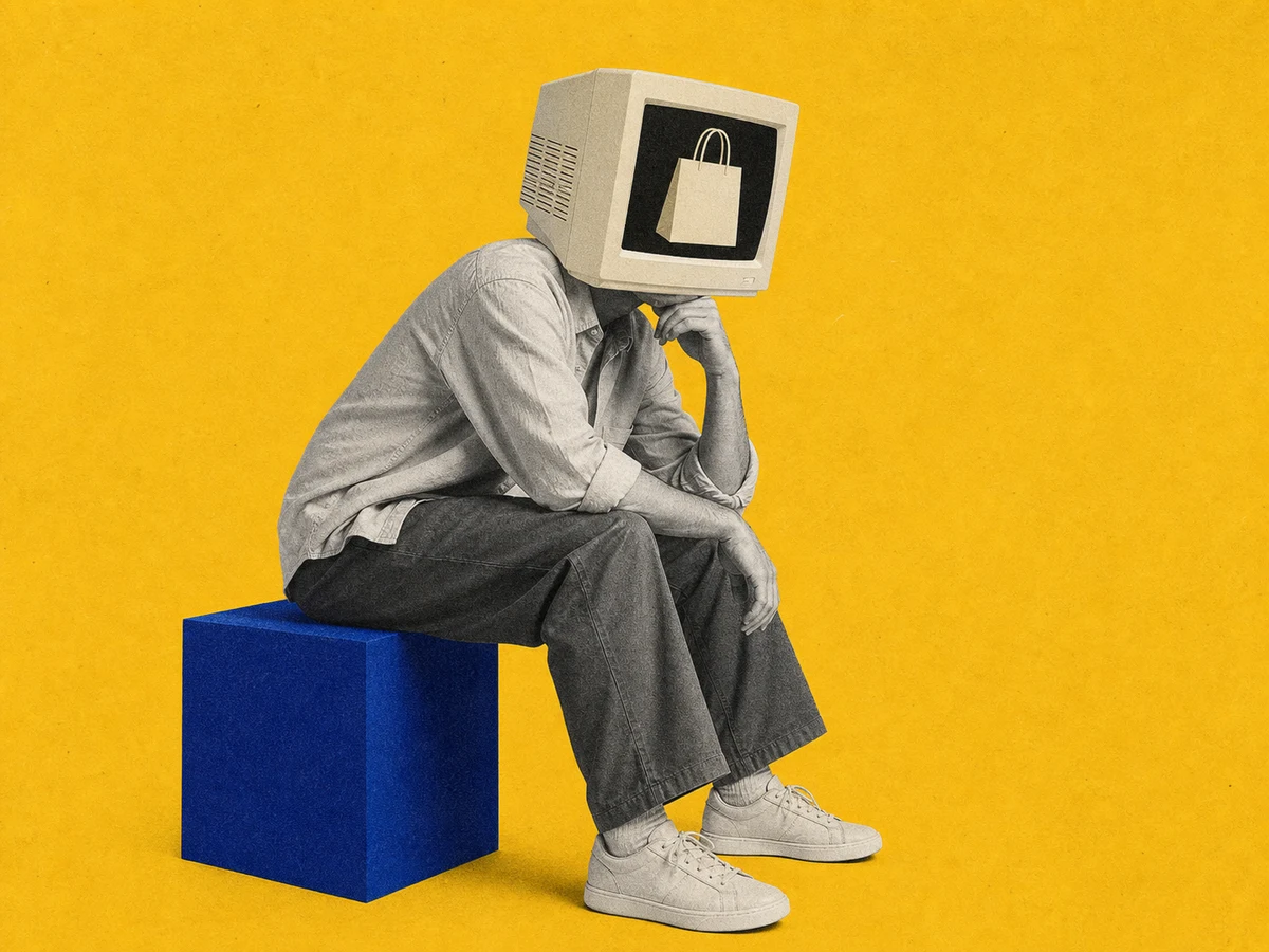 A seated figure with a CRT monitor head displaying a shopping bag