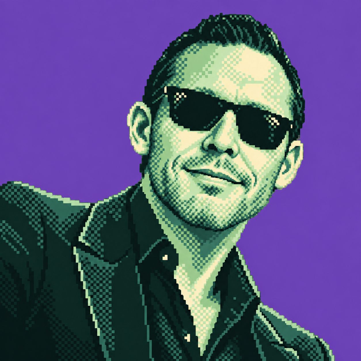 Jade pixel art portrait of Andrew Doe wearing sunglasses against a purple background