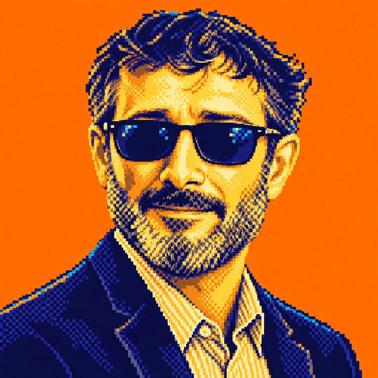 Golden pixel art portrait of Maz Darvish wearing sunglasses against a tangerine background