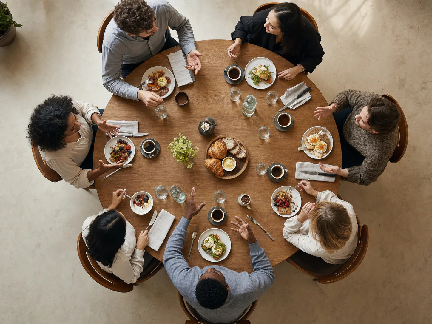 Editorial scene viewed directly overhead of founders eating and talking around a circular table