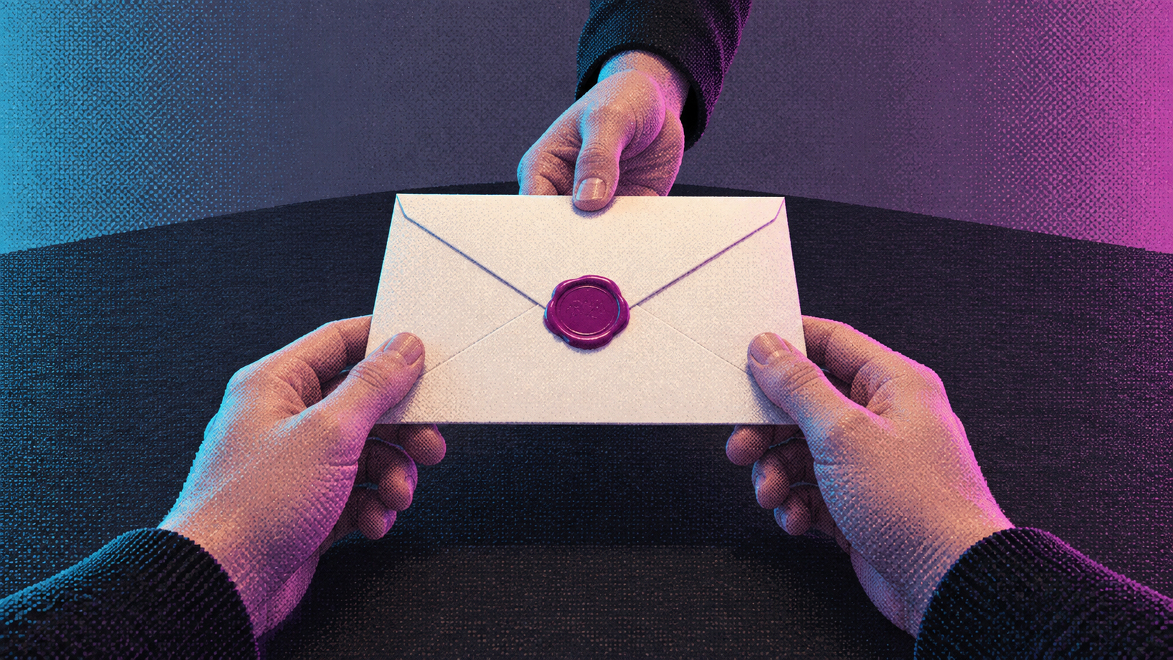 An invitation envelope being handed to the viewer