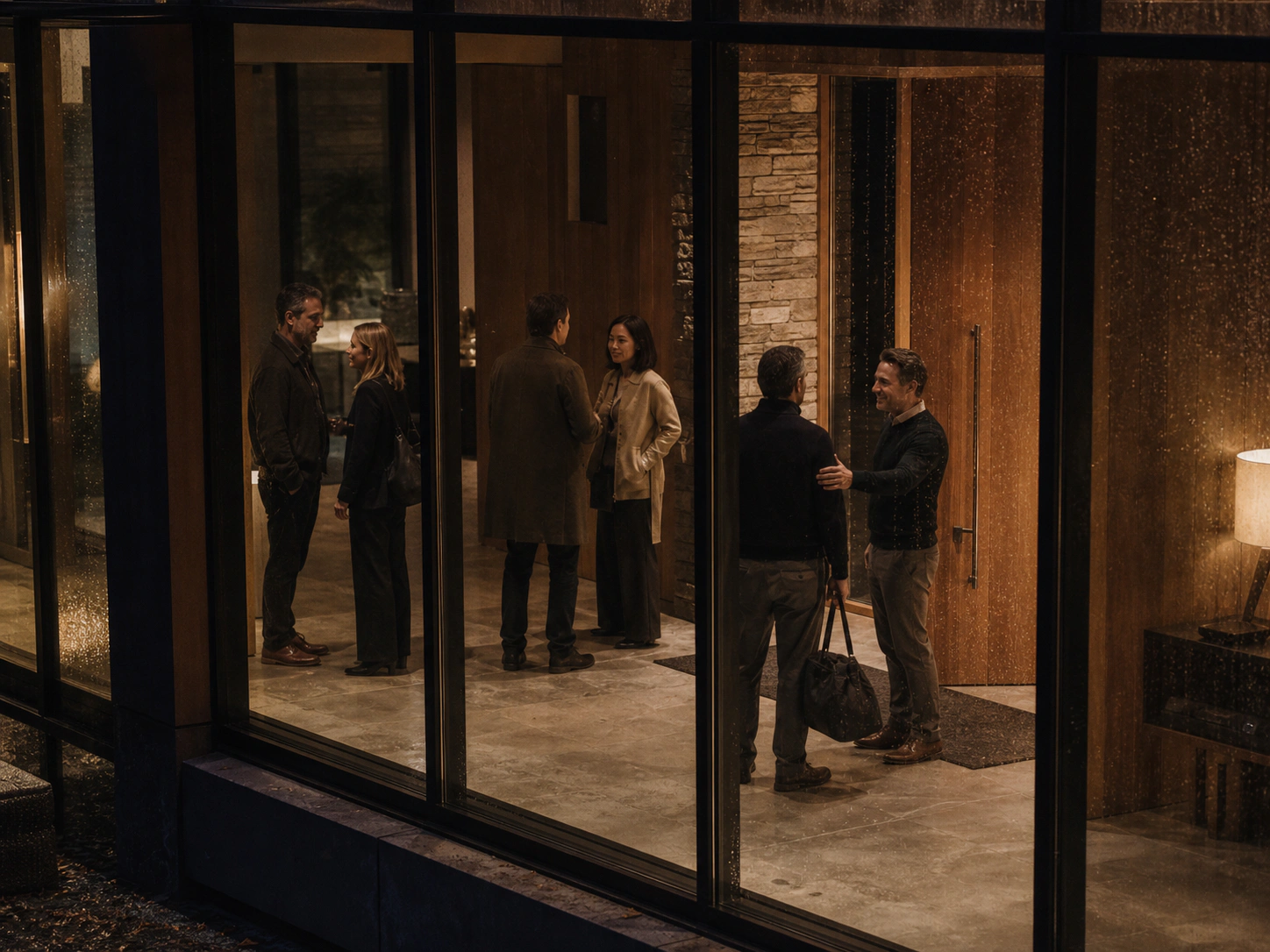 Illustrative editorial scene of independent e-commerce founders arriving and reconnecting inside a private member room