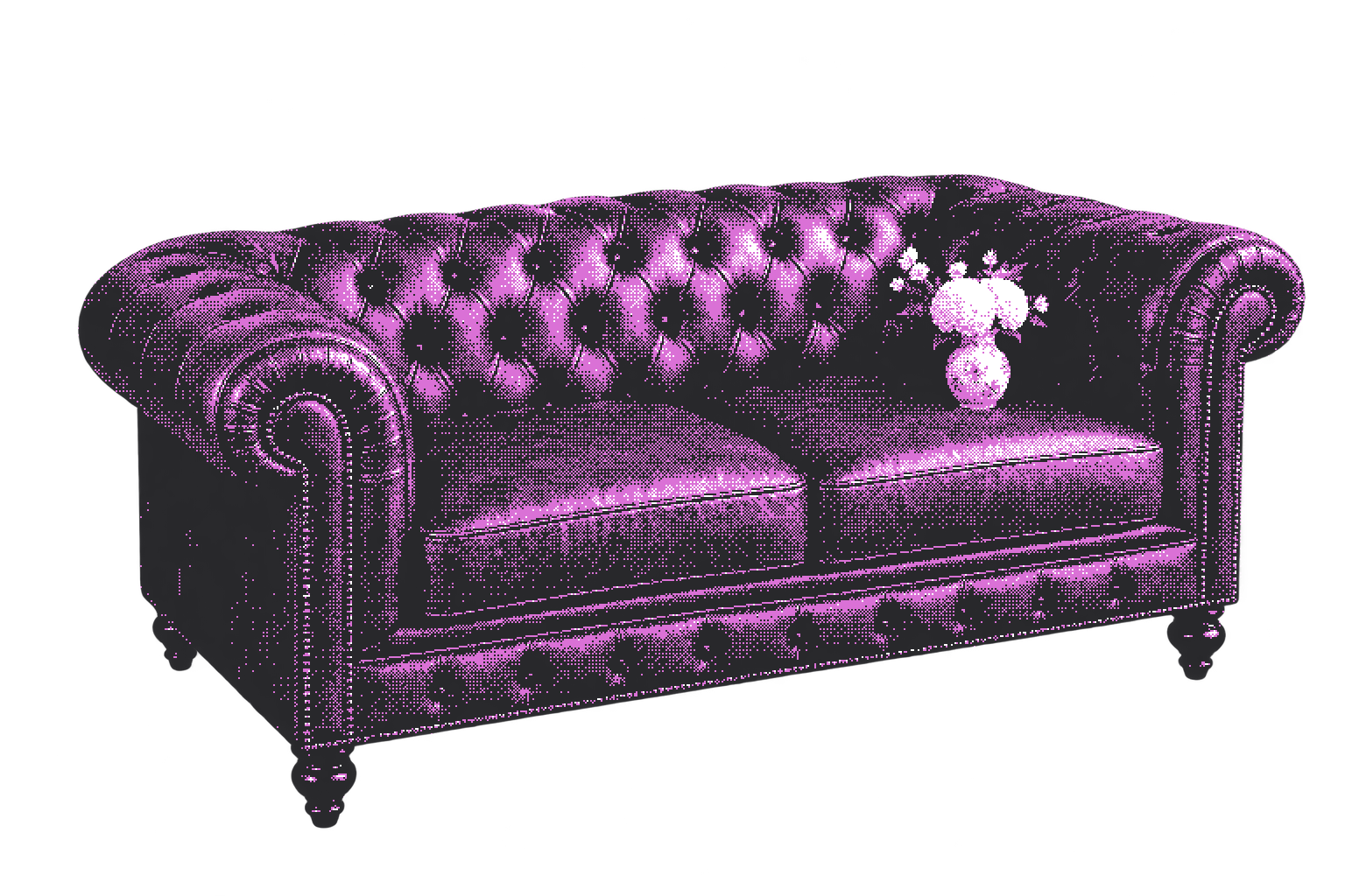 Dithered magenta illustration of a classic tufted sofa with a vase of flowers