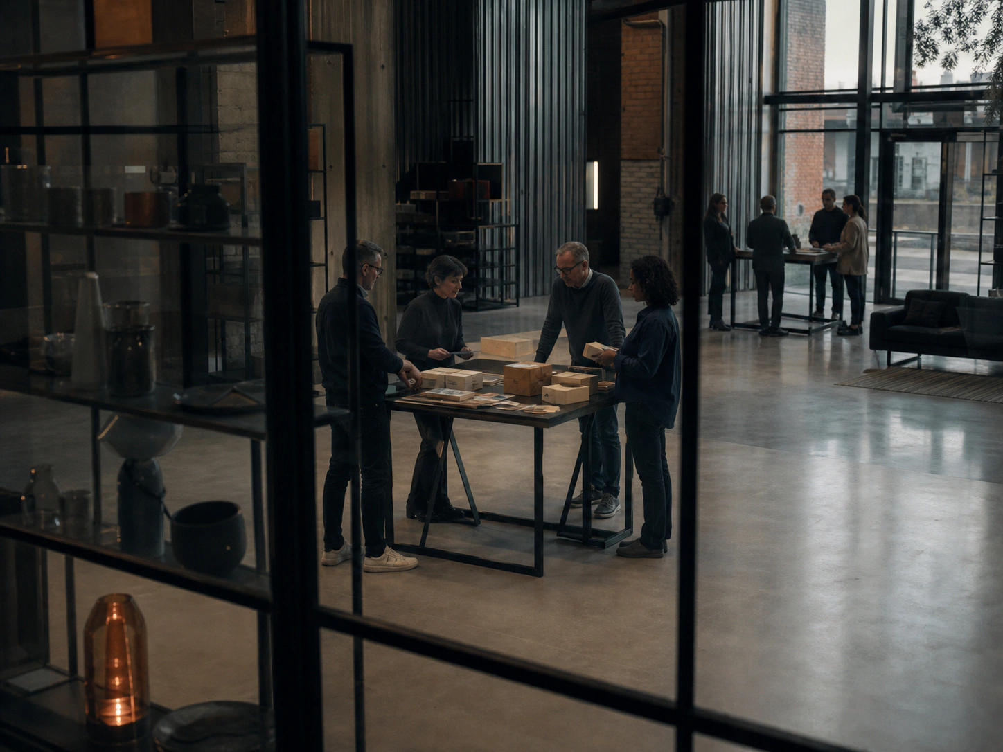 Illustrative editorial scene of operators reviewing packaging decisions in a working studio