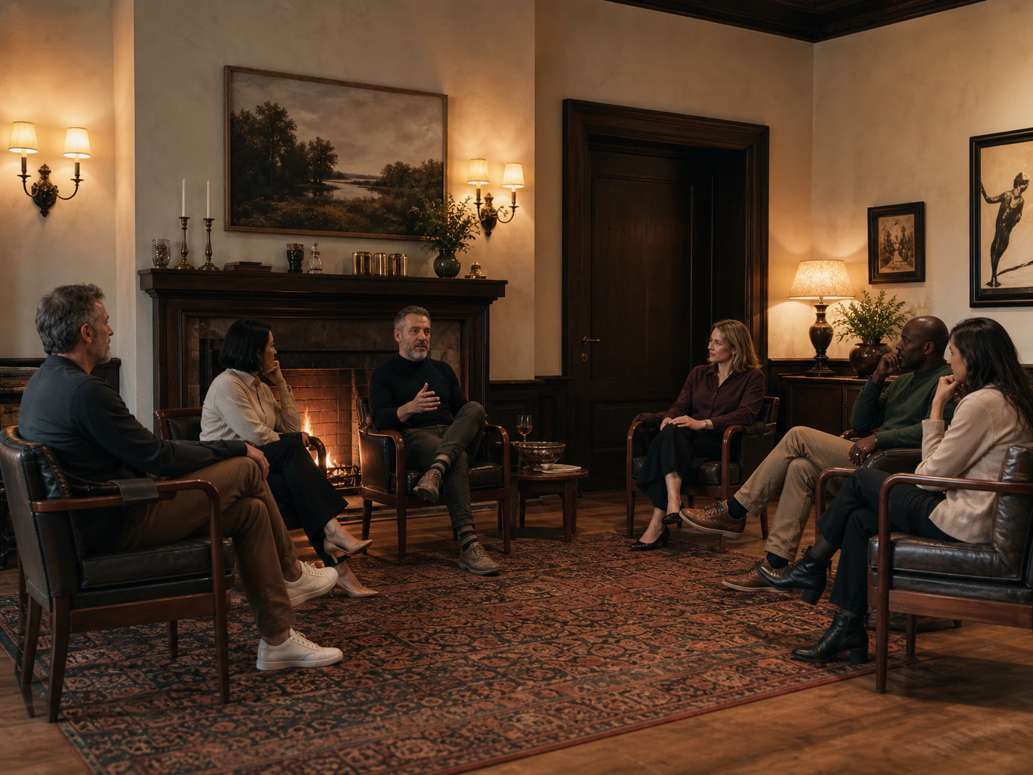 Illustrative editorial scene of independent e-commerce founders sharing experience in a private member salon